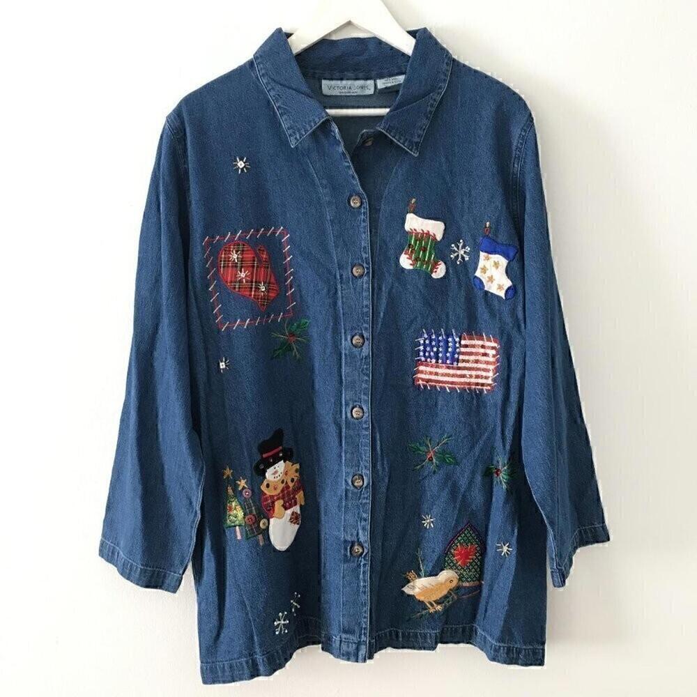Vintage Victoria Jones Beaded Embroidered Christmas Holiday Shirt Size 1X